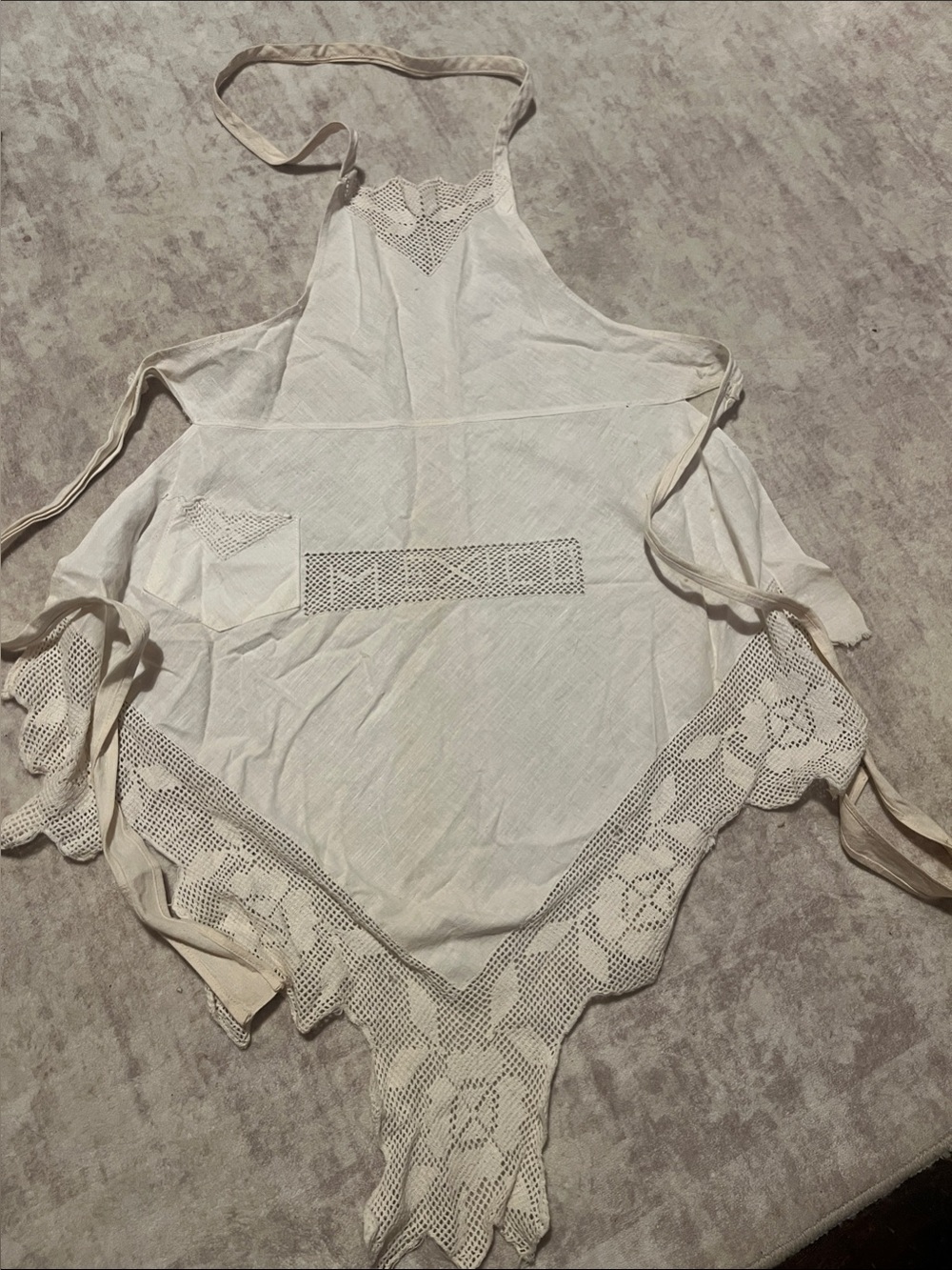 Vintage hand made  Crochet Trim Apron in Cream
